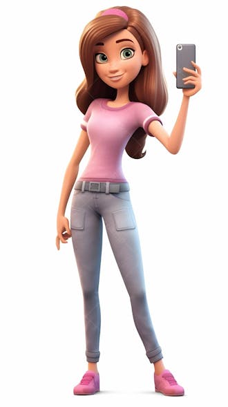 Personagem de desenho animado em 3d de garota tirando selfie com seu telefone