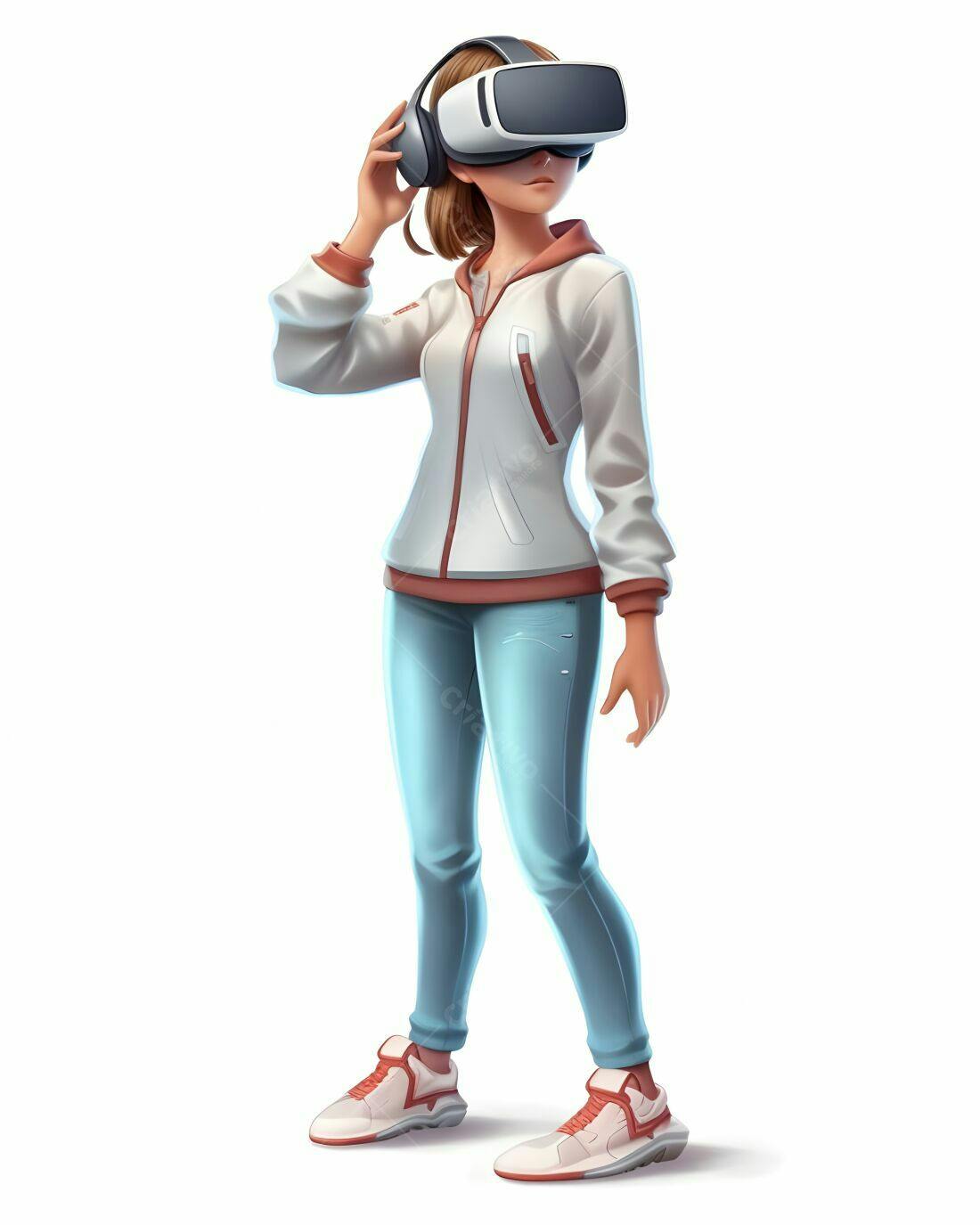 Mulher usando óculos VR branco e roupa casual