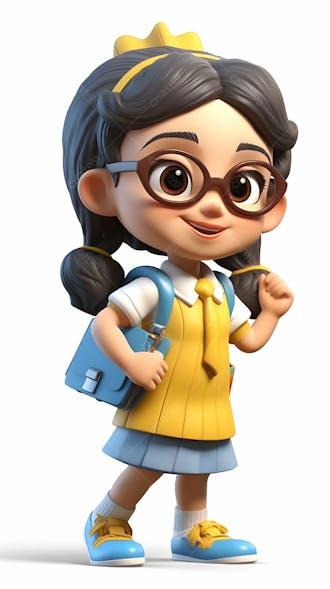 Desenho animado em 3d de uma garotinha fofa em uniforme escolar