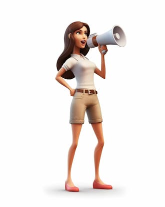 Imagem de desenho animado em 3d de uma jovem usando megafone