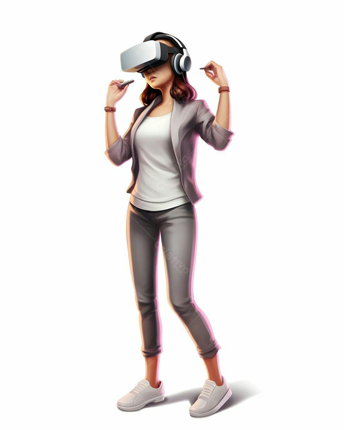 Mulher usando óculos VR em fundo branco