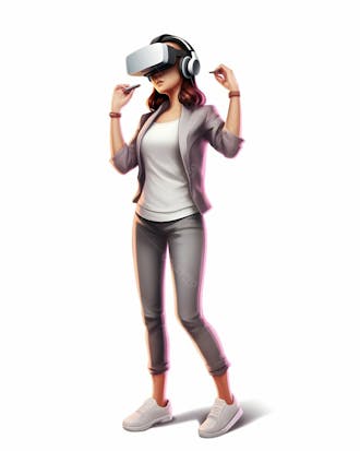 Imagem de desenho animado em 3d de uma jovem usando óculos de realidade virtual