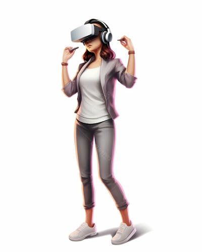 imagem de desenho animado em 3D de uma jovem usando óculos de realidade virtual