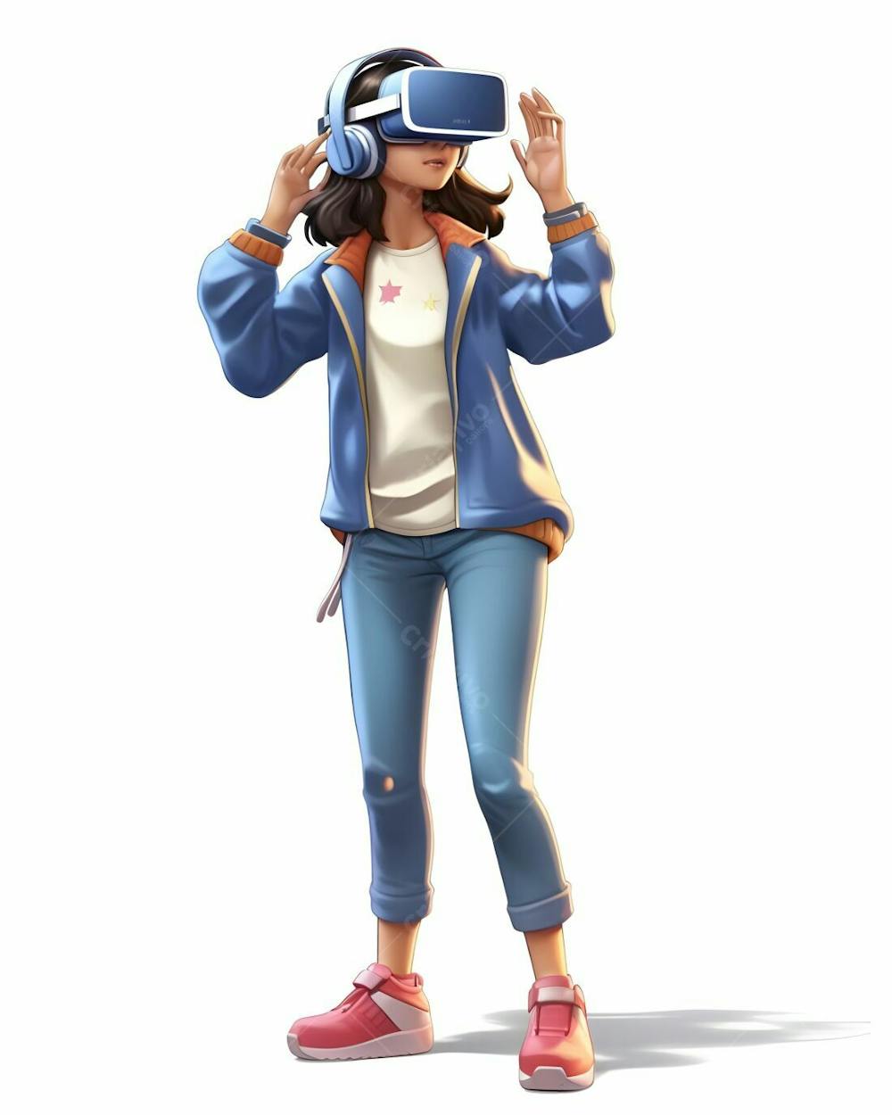  Personagem de desenho animado 3D de jovem usando óculos de realidade virtual