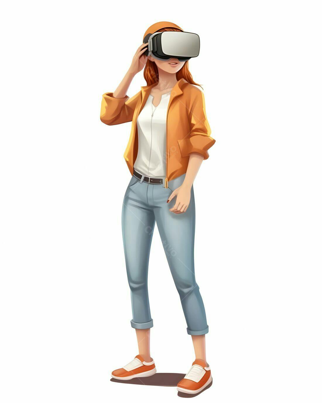 Mulher usando óculos VR laranja e jeans