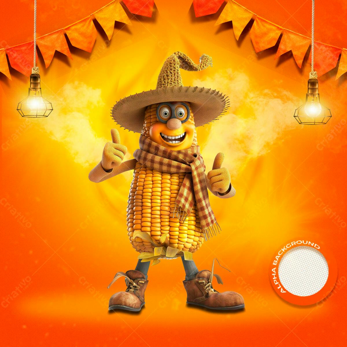 PSD Festa Junina com Espiga de Milho Cartoon PSD Editável