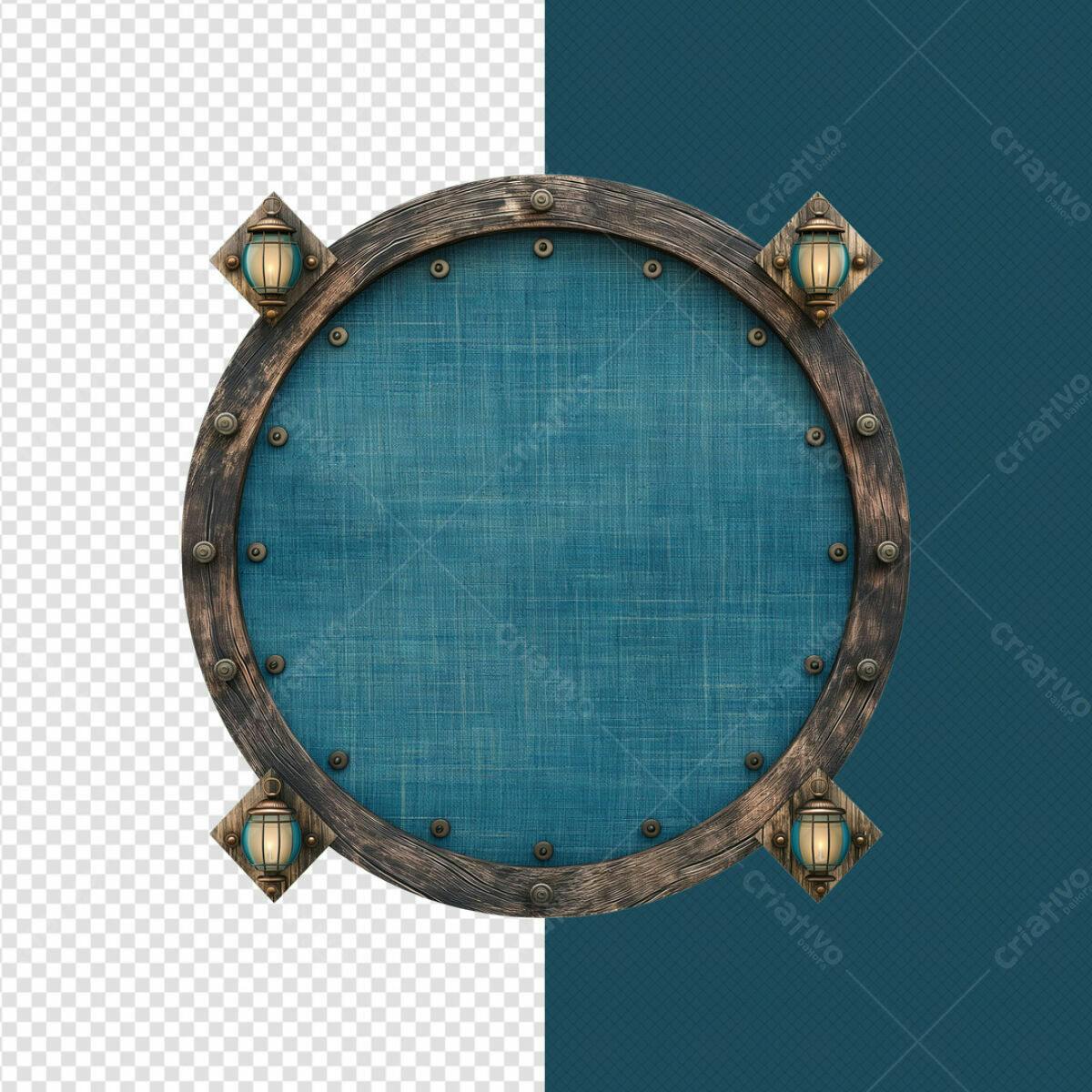 Placa Circular em Madeira e Azul Marinho PSD Editável