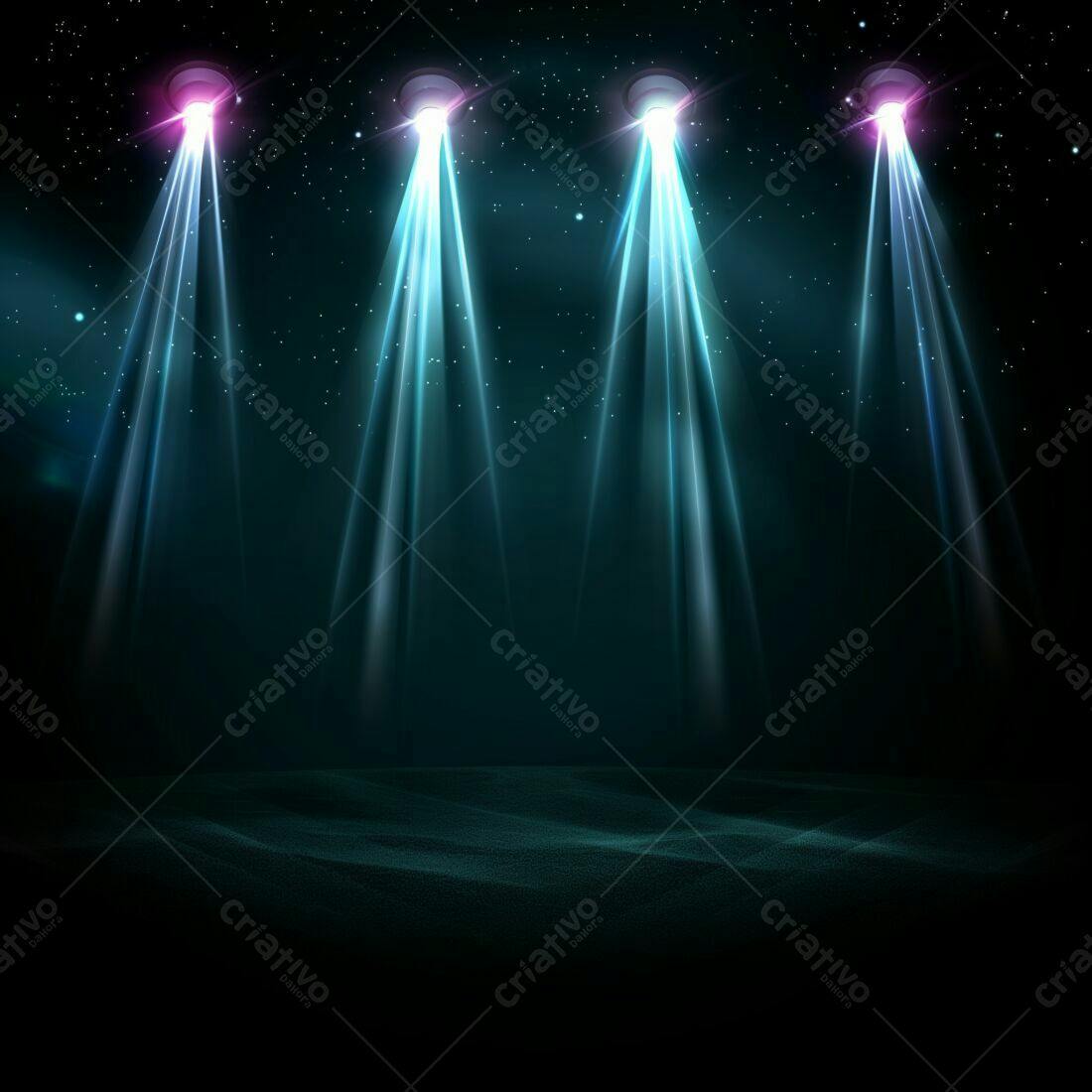 Três holofotes azuis iluminando palco escuro