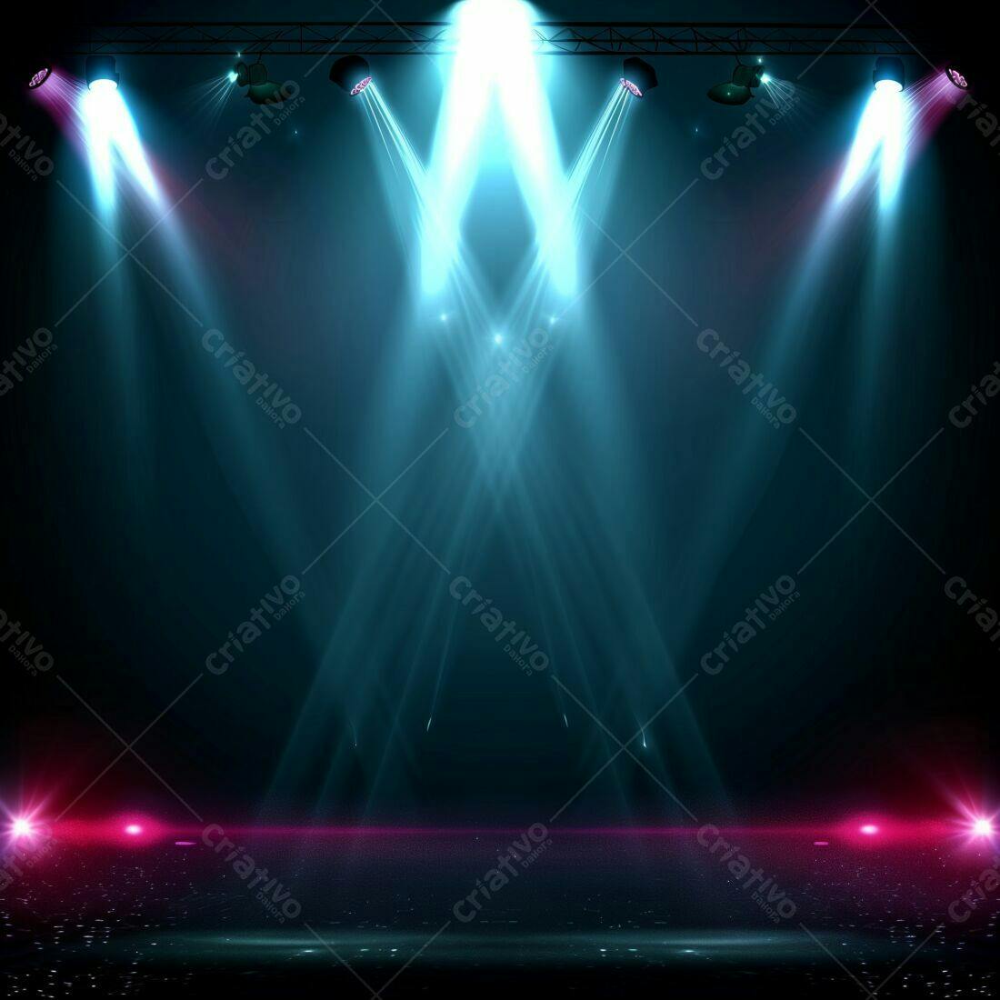 Palco iluminado com holofotes azuis e rosa