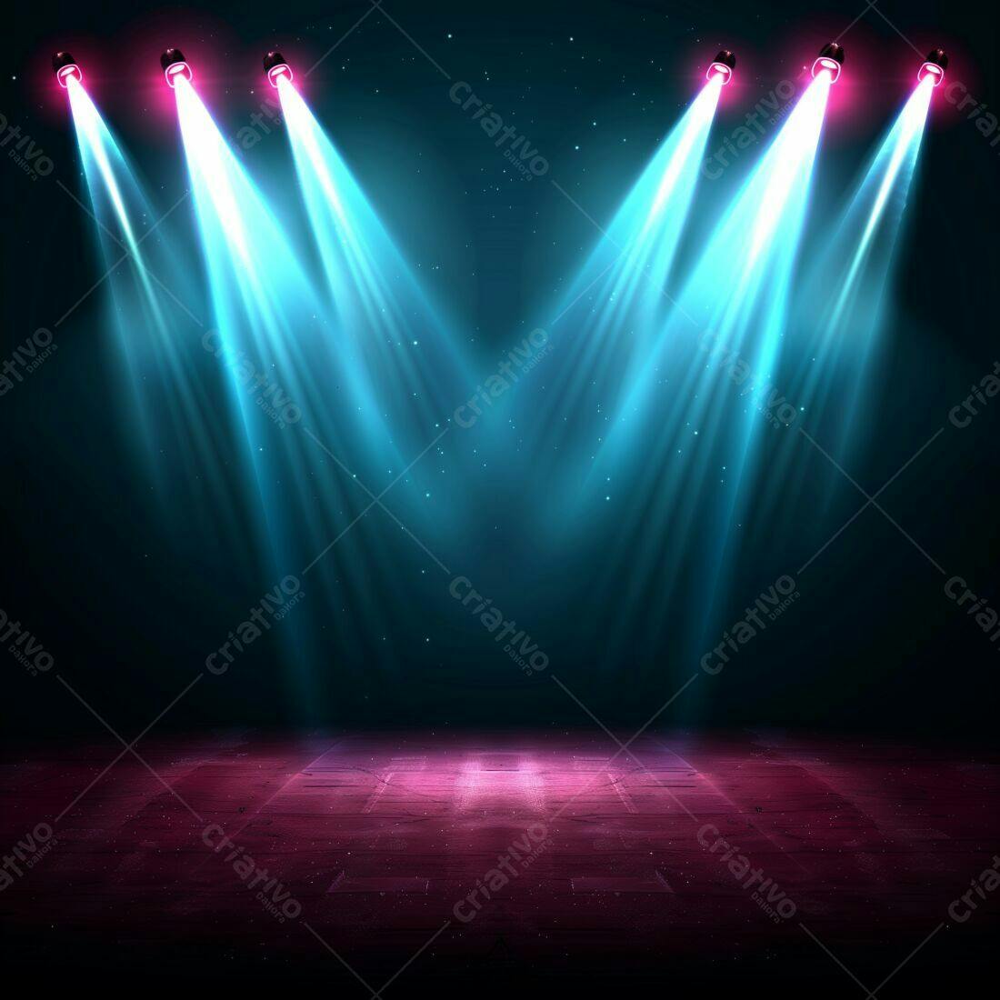 Palco iluminado com holofotes azuis e rosa