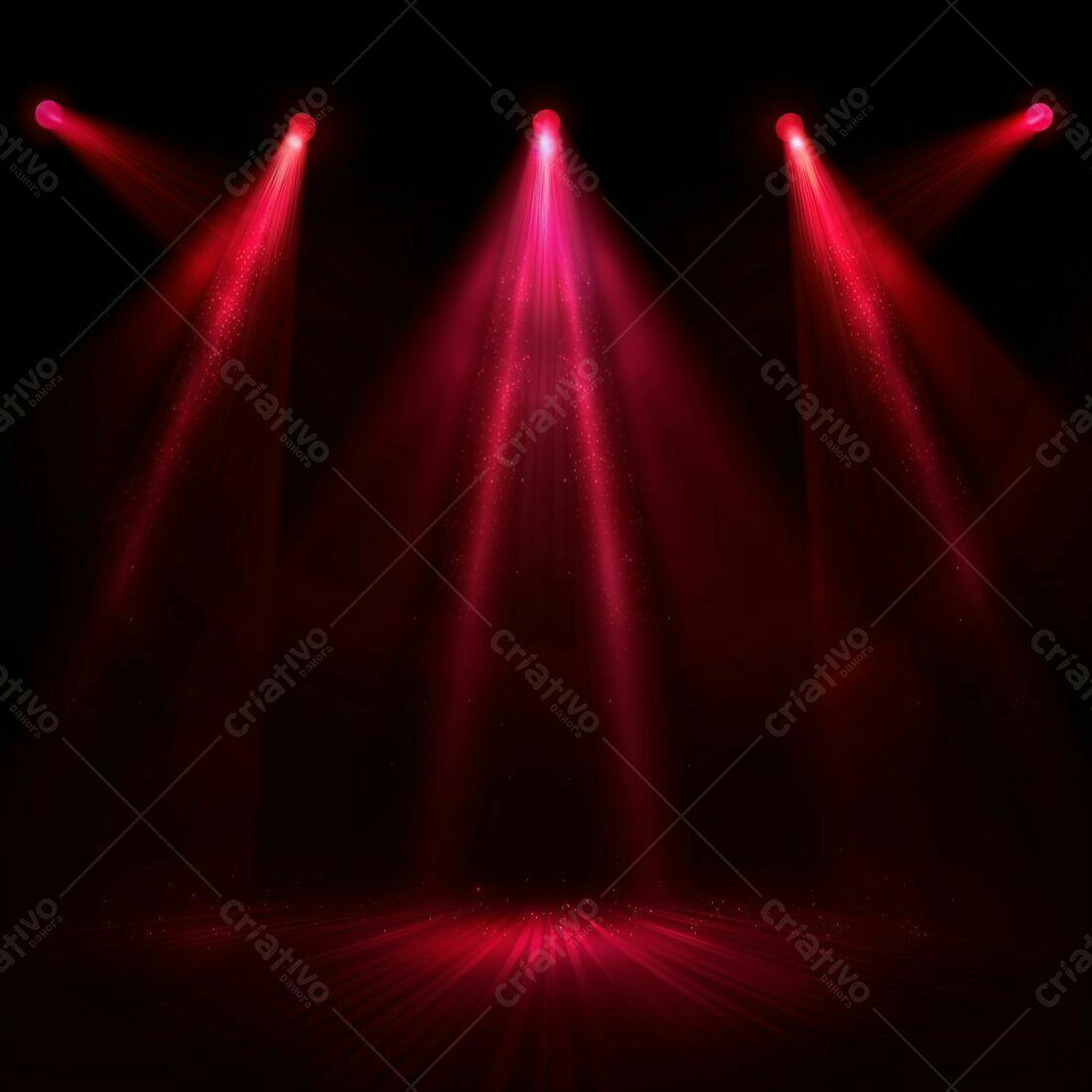 Três holofotes vermelhos em palco escuro