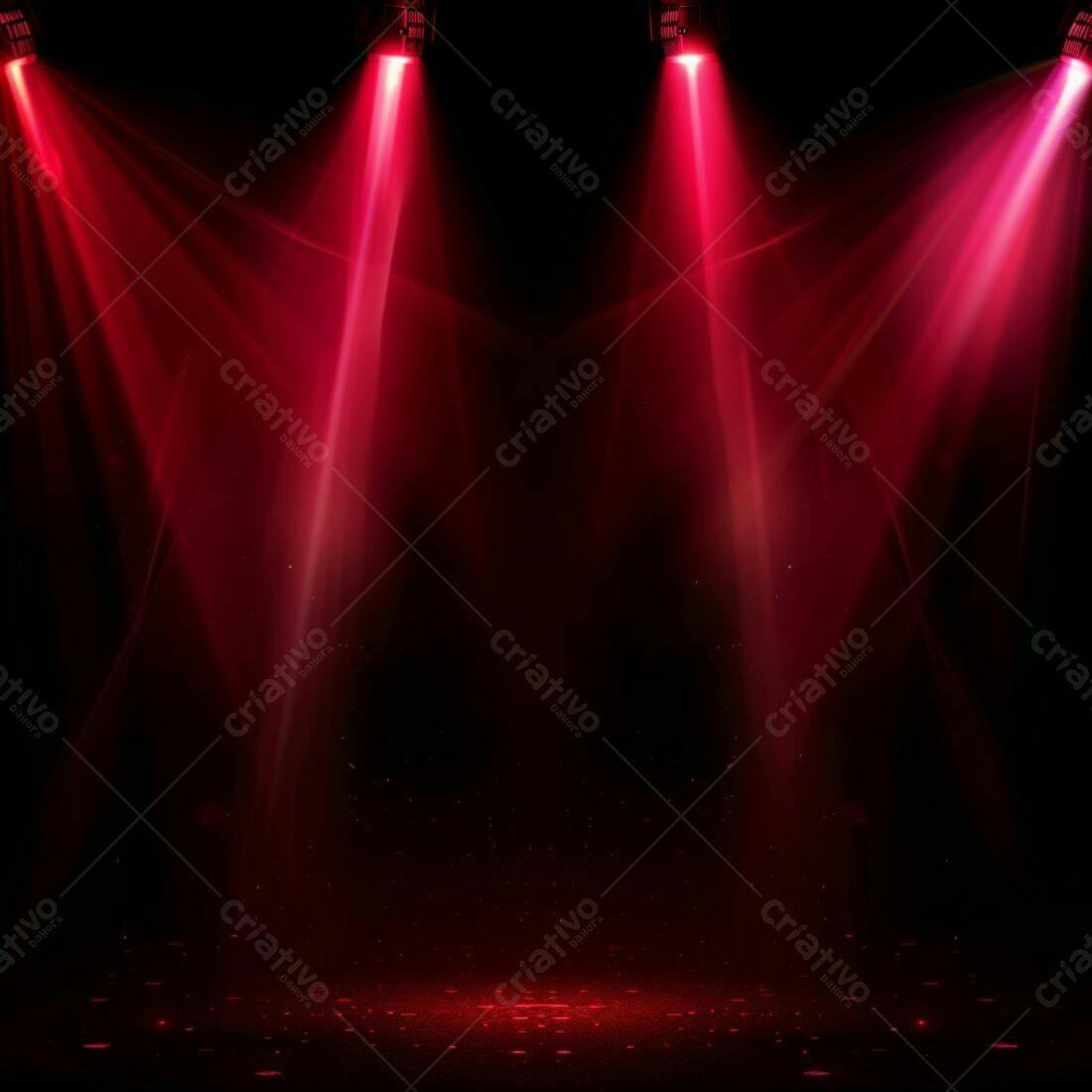 Três holofotes vermelhos em palco escuro