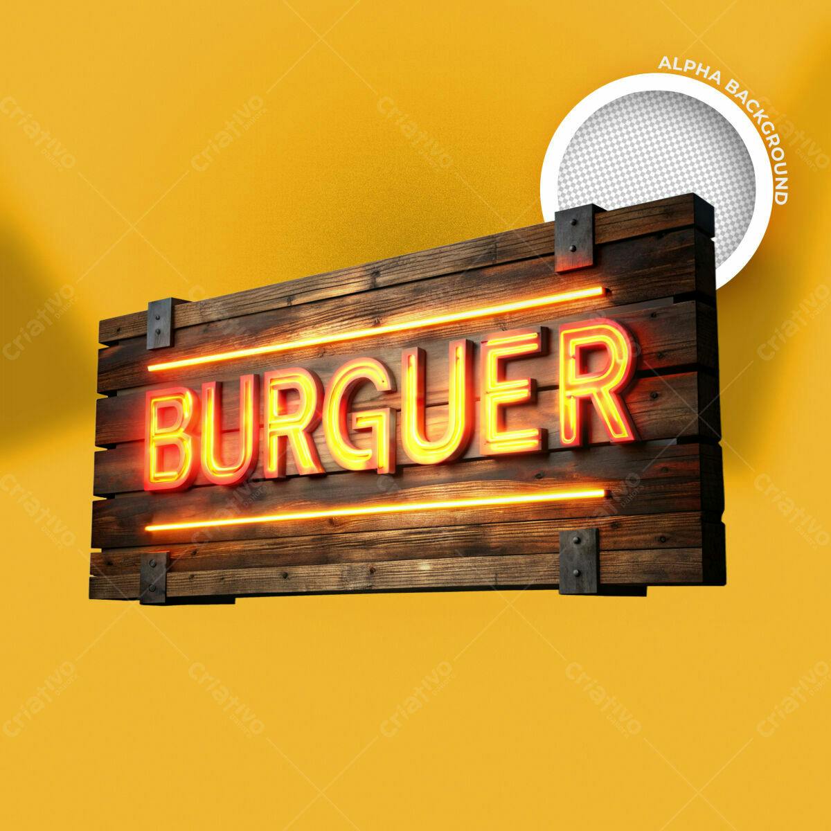 Placa de Madeira com Neon para Hamburgueria PSD Editável