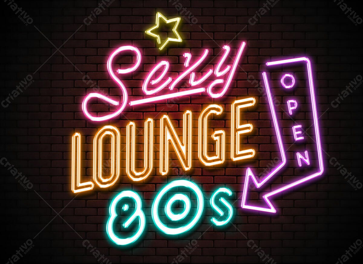 Placa de Neon Sexy Lounge 80s PSD Editável