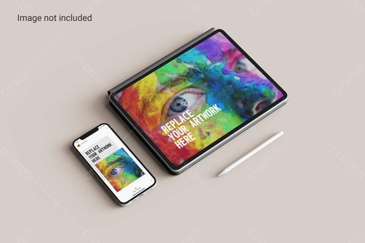 Mockup de Tablet e Celular com Arte Abstrata PSD Editável