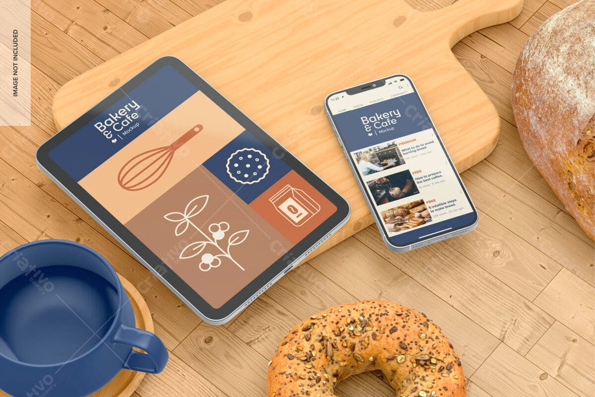 Mockup de Tablet e Smartphone para Padaria PSD Editável