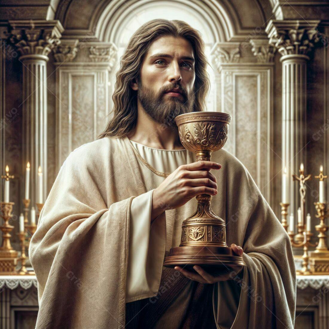 Jesus Cristo segurando cálice dourado igreja