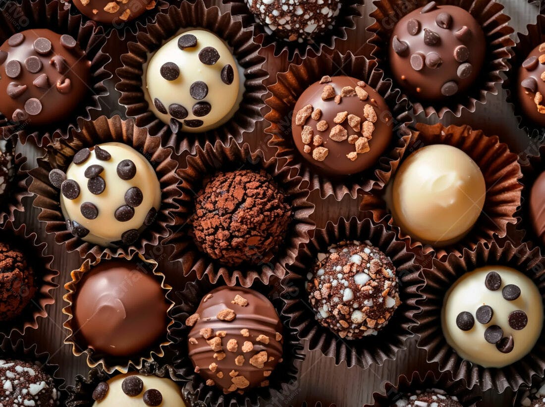 Trufas de chocolate variadas em tons marrons e branco