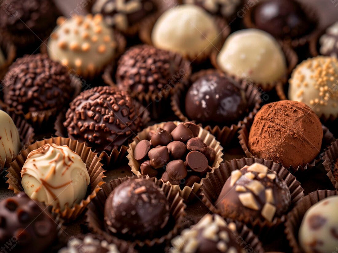 Trufas de chocolate variadas em tons marrons e branco