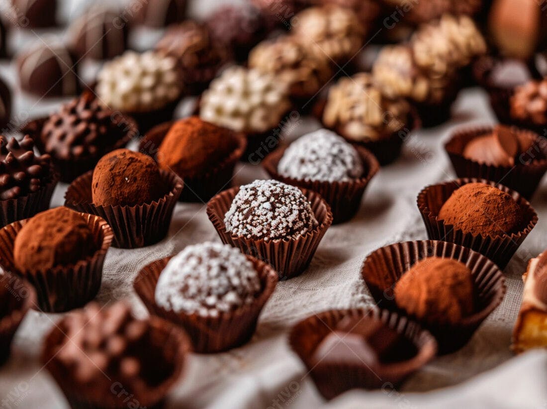 Trufas de chocolate variadas em embalagens marrons