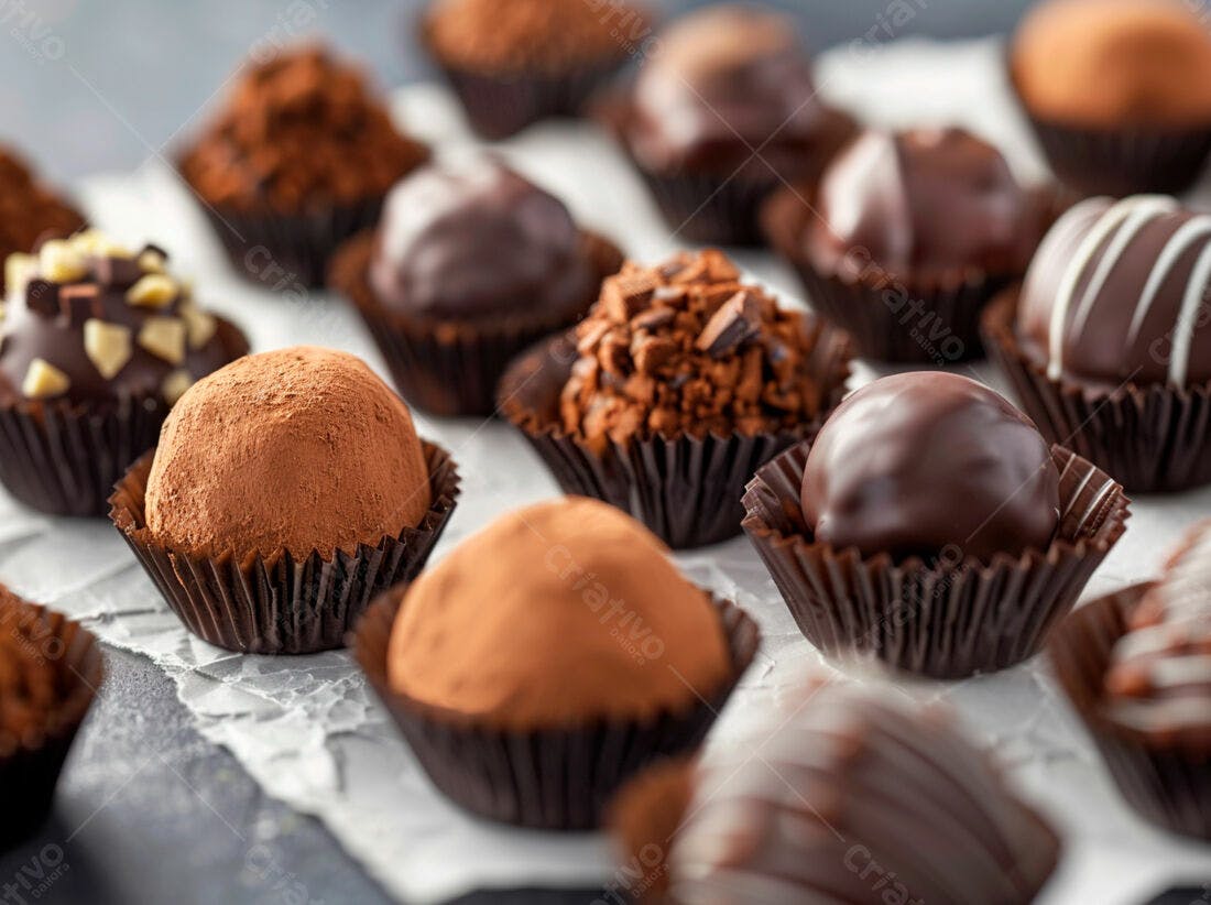 Trufas de chocolate variadas em embalagens marrons