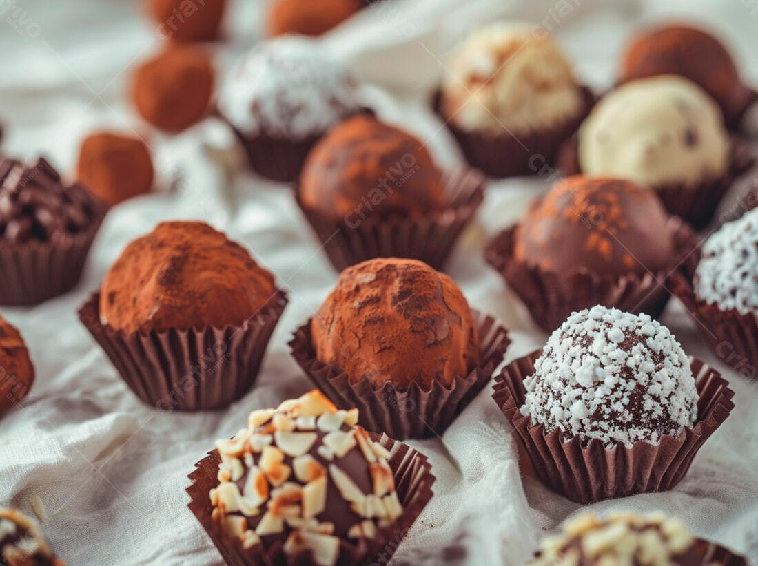 Trufas de chocolate variadas em tecido bege