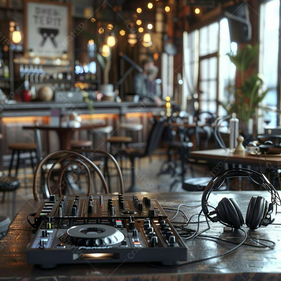 Mesa de DJ em pub estilo industrial