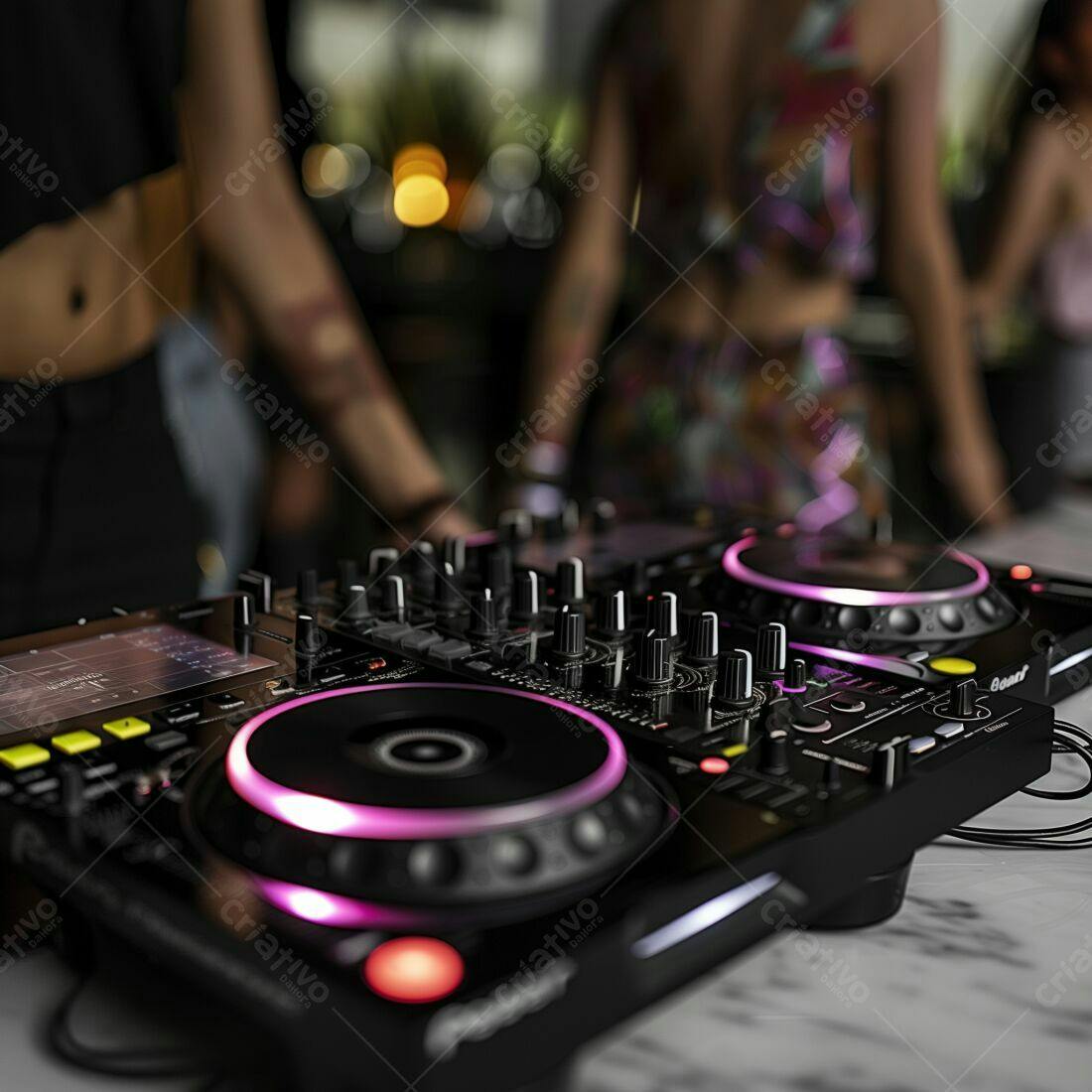 Mesa de DJ com iluminação rosa em festa