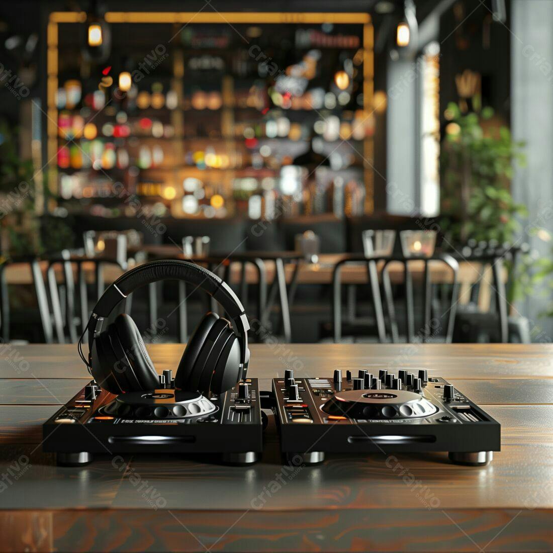 Fones e Mixer DJ em Bar Moderno