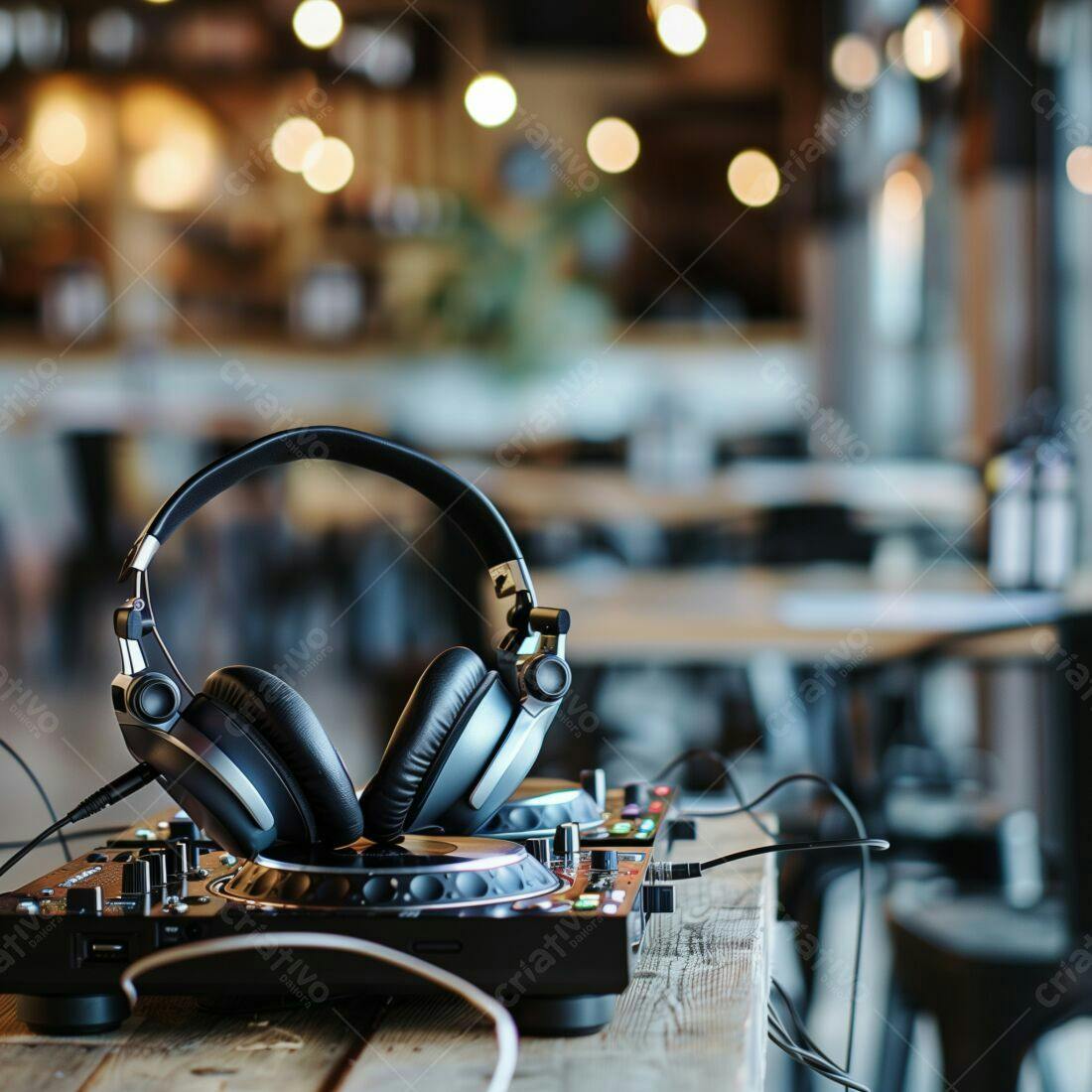 Fones de ouvido em mesa de DJ em café