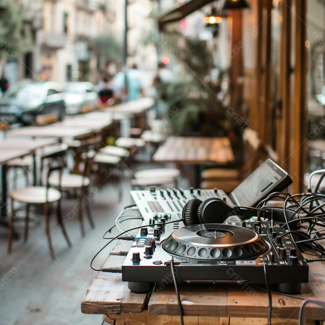 Equipamento DJ em ambiente externo de bar