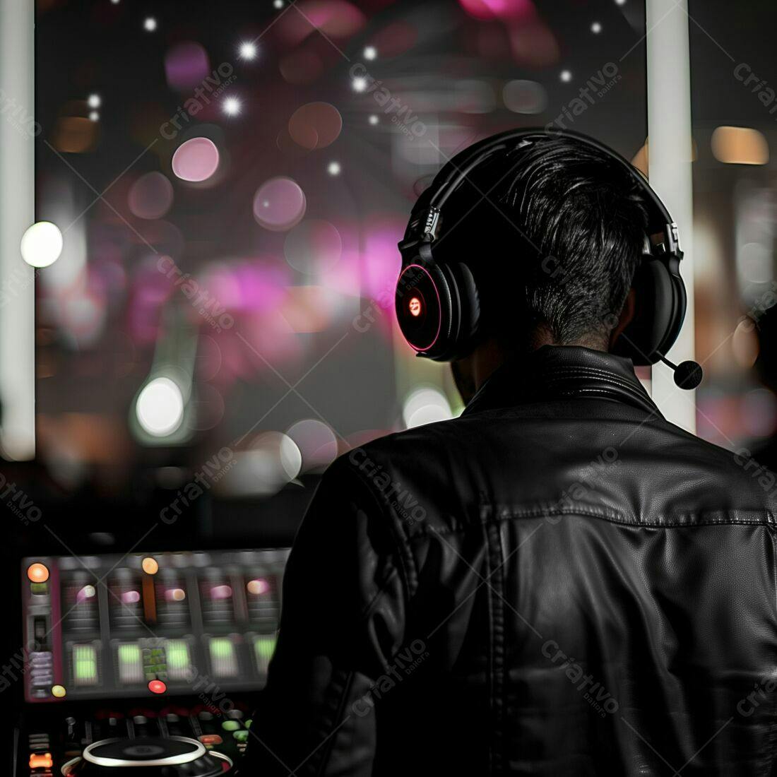DJ com fone de ouvido em evento noturno