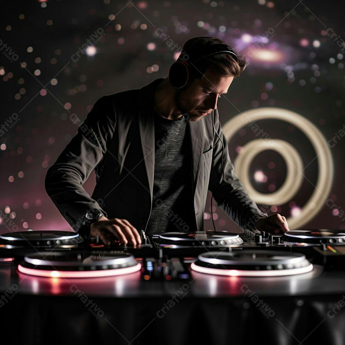 DJ profissional tocando música em festa noturna