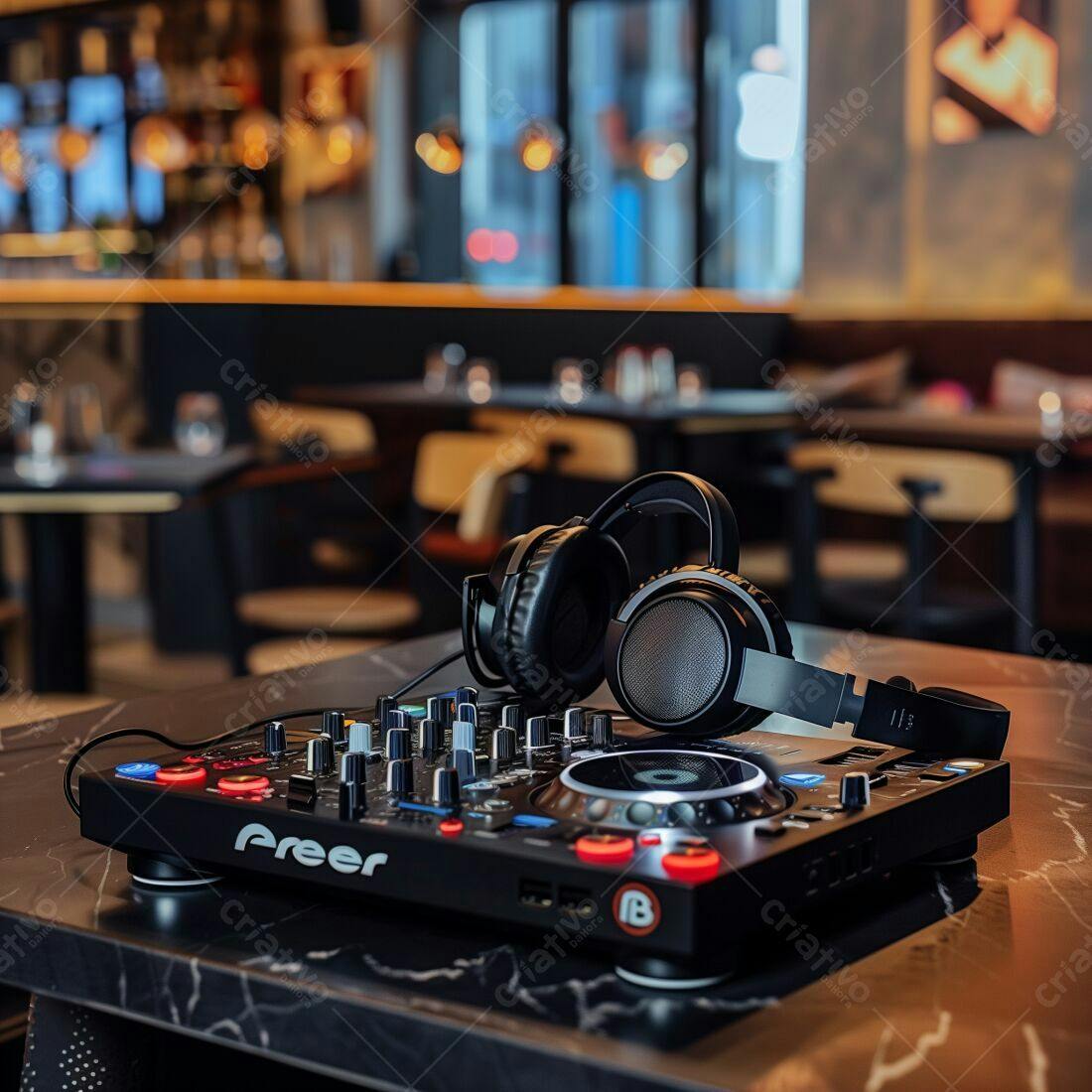 Controladora DJ com fones de ouvido em bar moderno