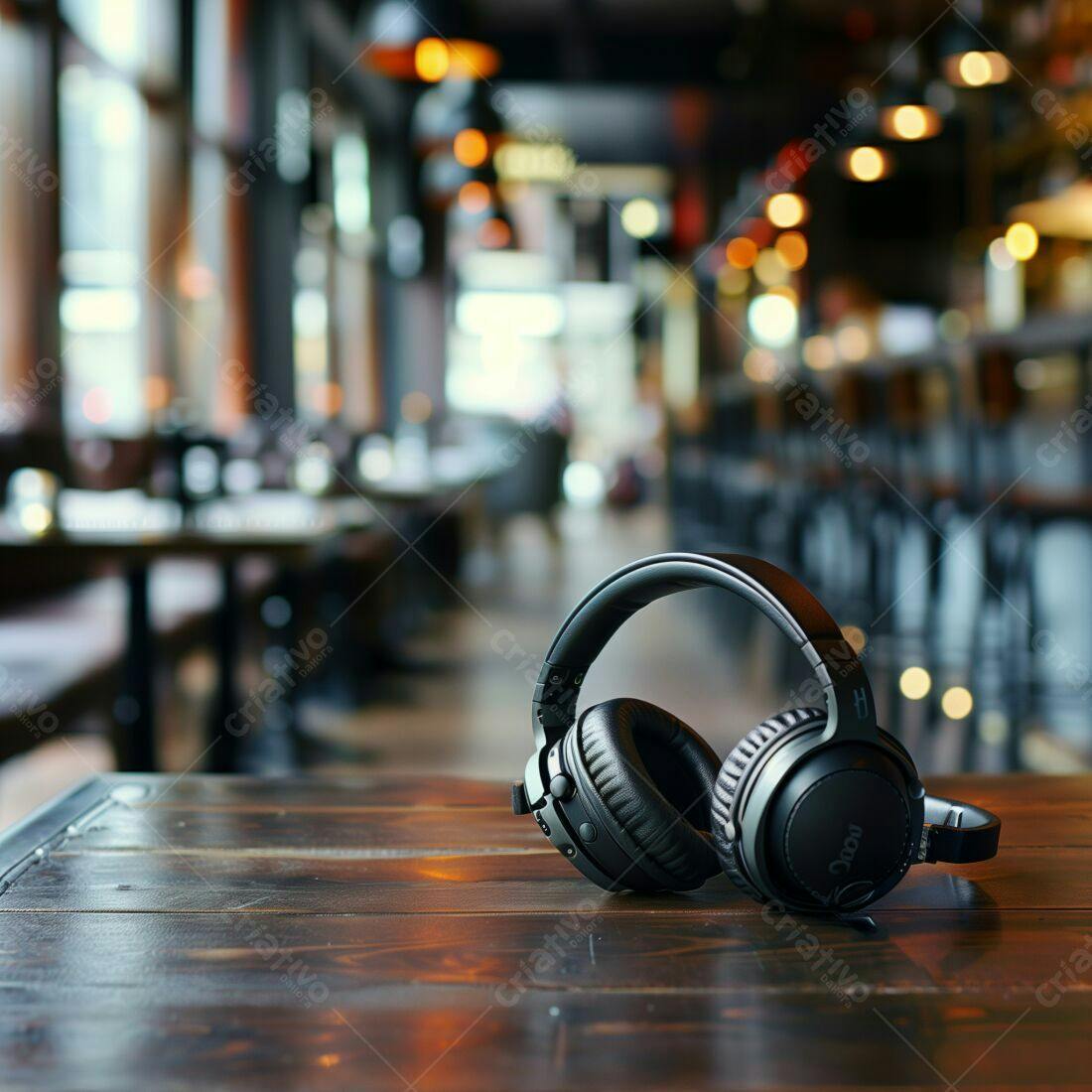 Fone de ouvido preto em mesa de madeira em café