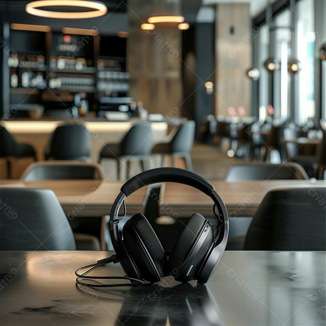 Fone de ouvido preto em mesa de café