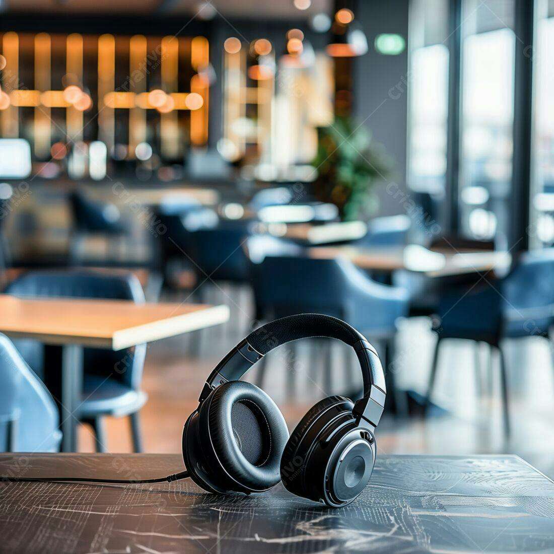 Fone de ouvido preto em mesa de café