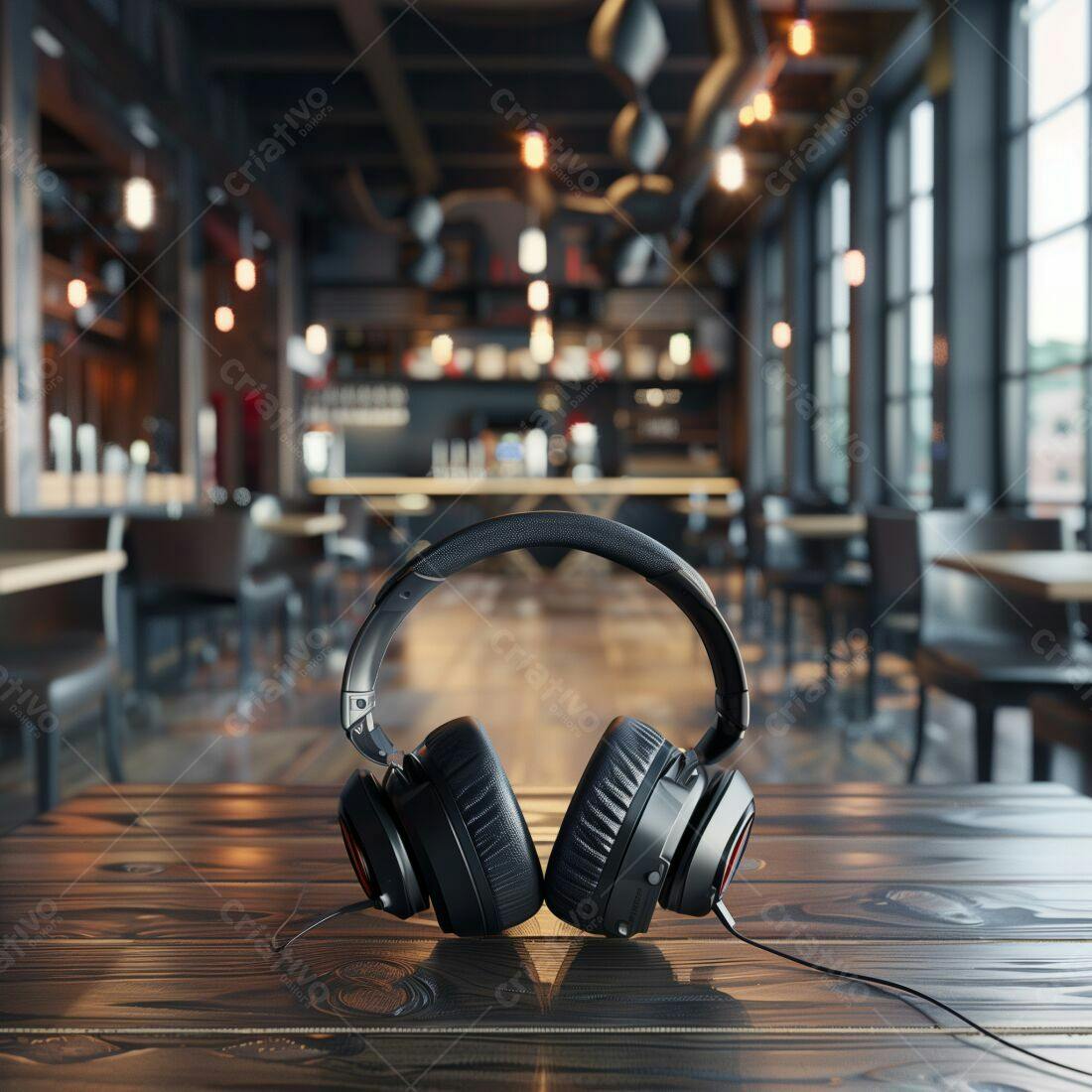 Fone de ouvido preto em mesa de madeira em café