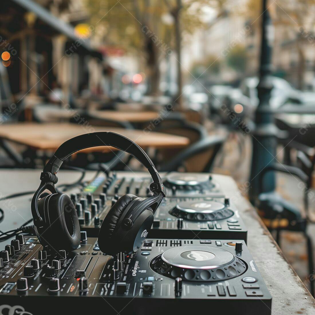 Fones de ouvido em mesa de DJ ao ar livre