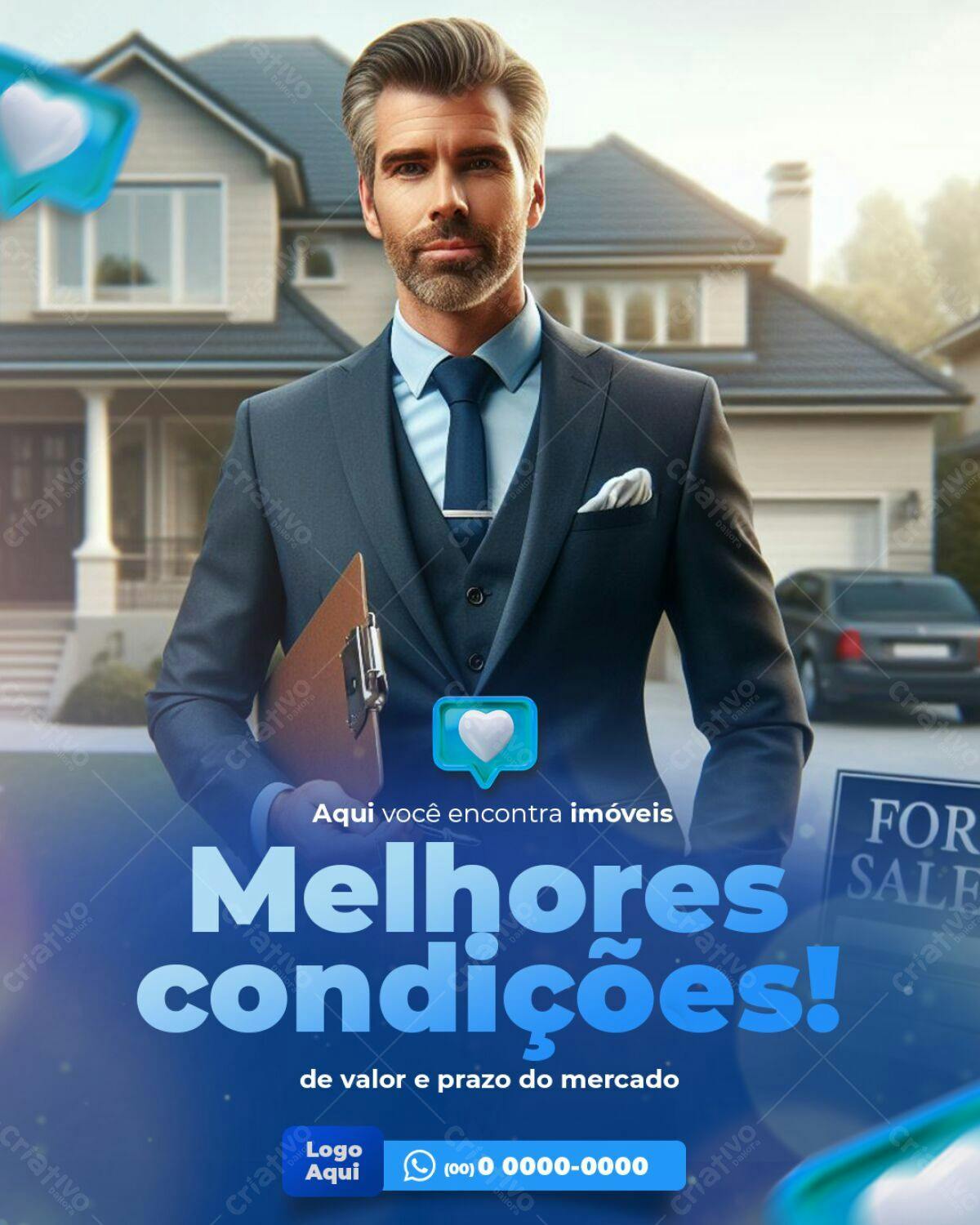 Flyer Imobiliário com Cor Azul e Homem de Negócios PSD Editável