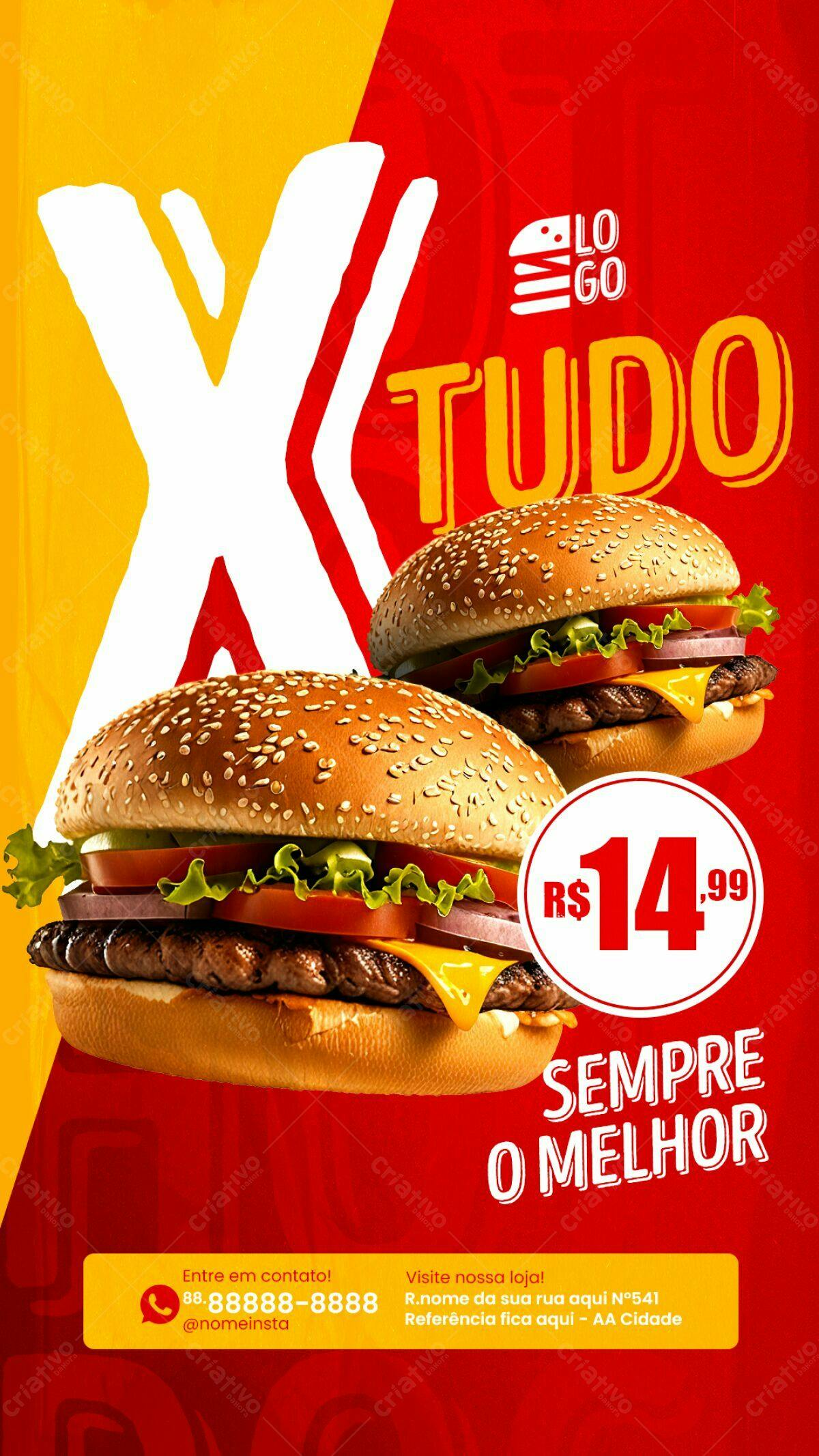 Flyer para Lançamento de Hambúrguer X-Tudo PSD Editável