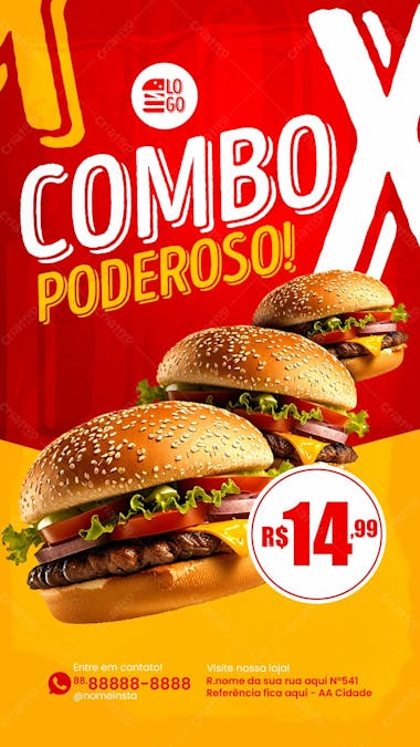 Stories combo poderoso de hamburguer social media lanchonete psd editável