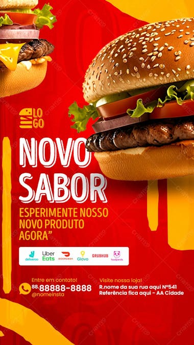 Stories novo sabor de hamburguer social media lanchonete psd editável