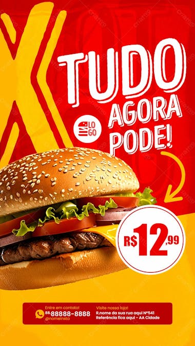 Stories x tudo hamburguer social media lanchonete psd editável