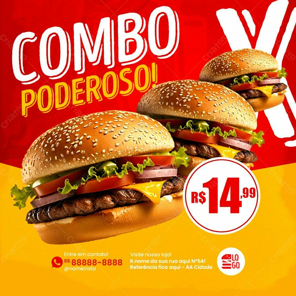 Feed Combo Poderoso De Hamburguer Social Media Lanchonete Psd Editável