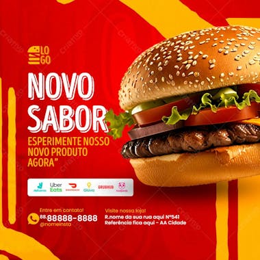 Feed novo sabor de hamburguer social media lanchonete psd editável