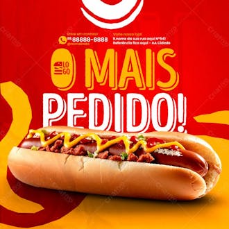 Feed simplismente o hot dog mais pedido social media lanchonete psd editável