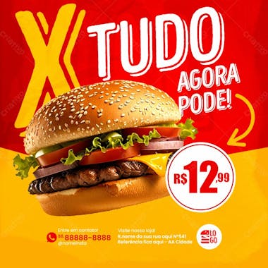 Feed x tudo hamburguer social media lanchonete psd editável