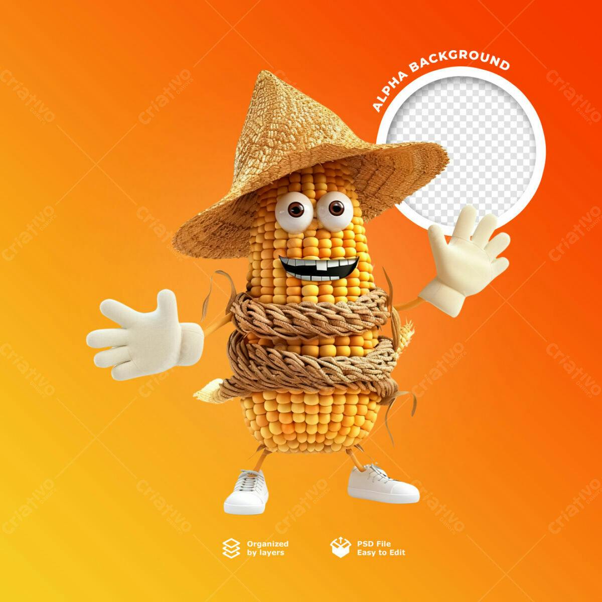 Personagem Milho em PSD Editável para Posts de Redes Sociais