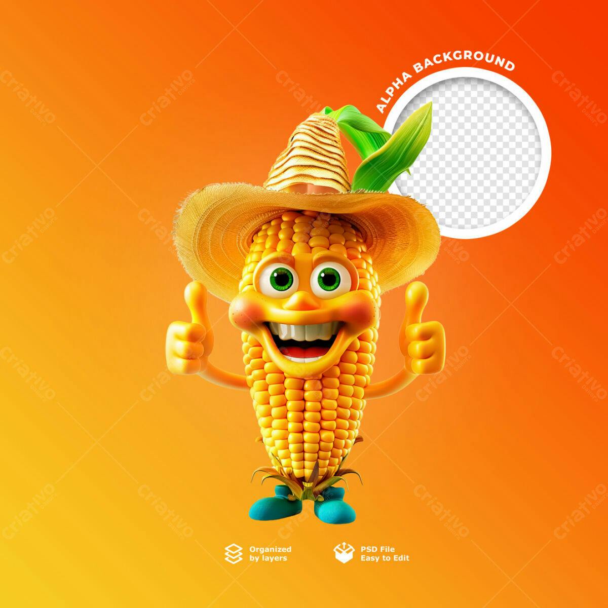 Postagem de Mídias Sociais Milho Personagem PSD Editável